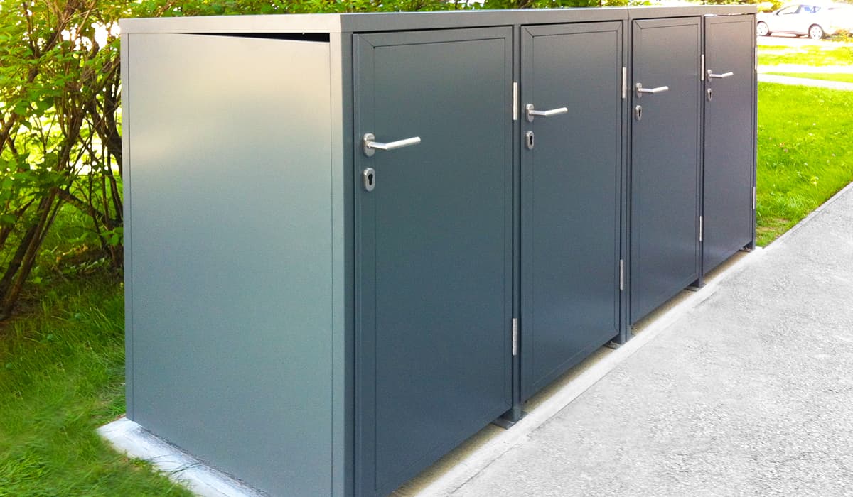 <h5>Mülltonnen-Boxen mit Drehtür aus Vollblech</h5>